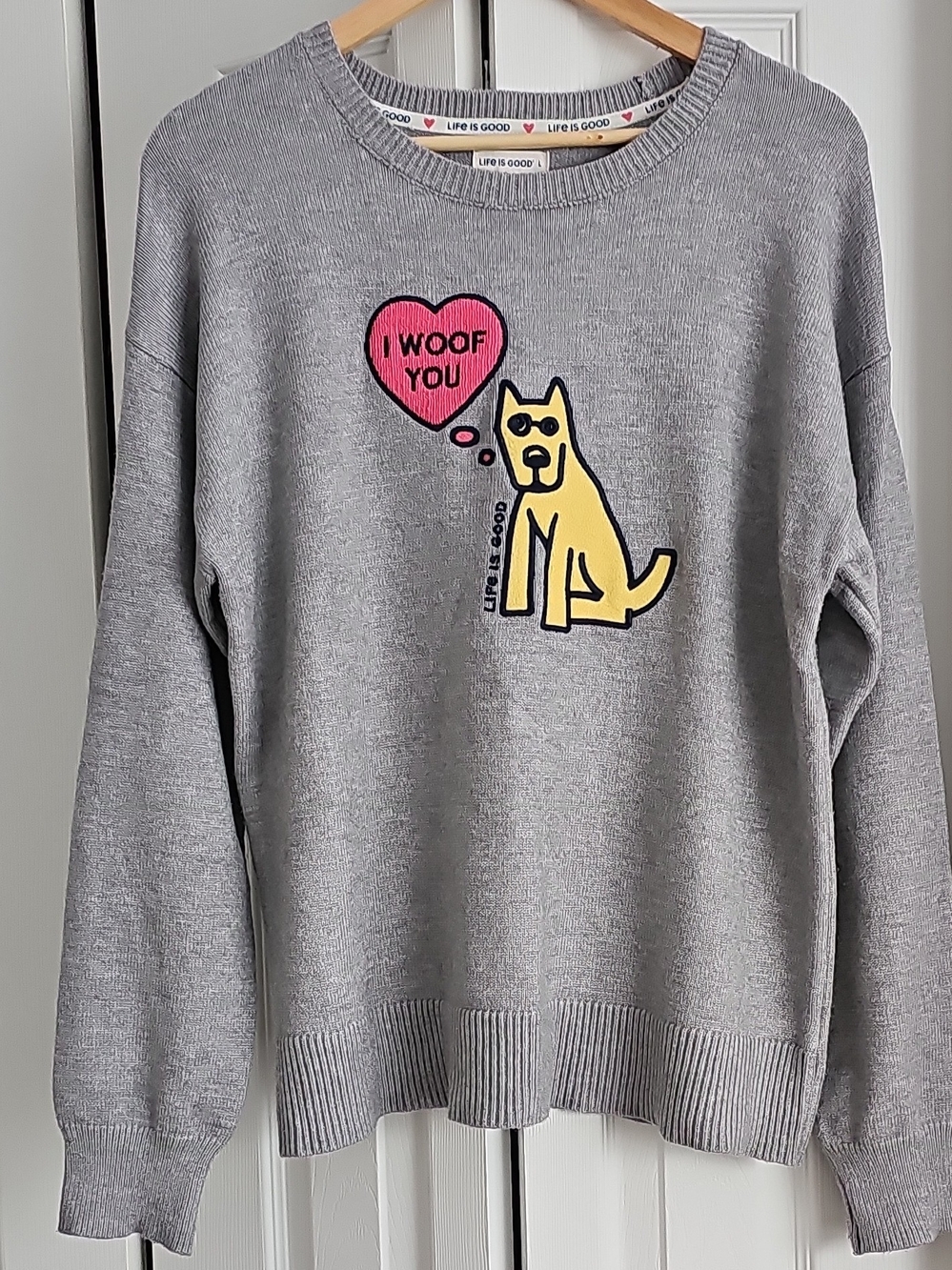 Life Is Good Gray Sweatshirt with Pink Heart & Yellow Dog Graphic